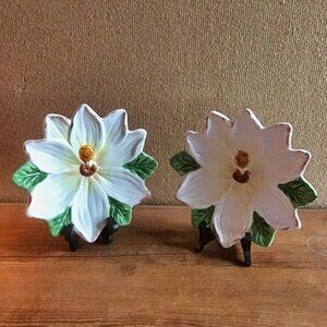 White Lotus Flower Ceramic Plates 9" Hand Painted Plate Floral Dish Lotus Decor